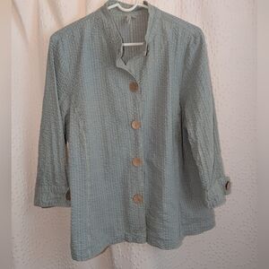 Focus Linen Blend  Women's 3/4 Sleeve Button Up Top Large Light Blue Crinkle GUC